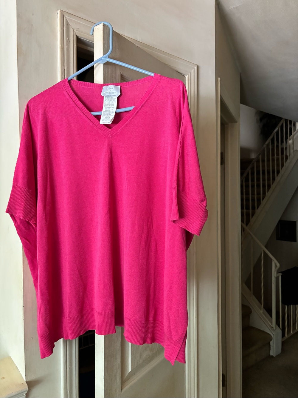 Marina Rinaldi Relaxed V-Neck Short Sleeve Sweater in Bright Pink